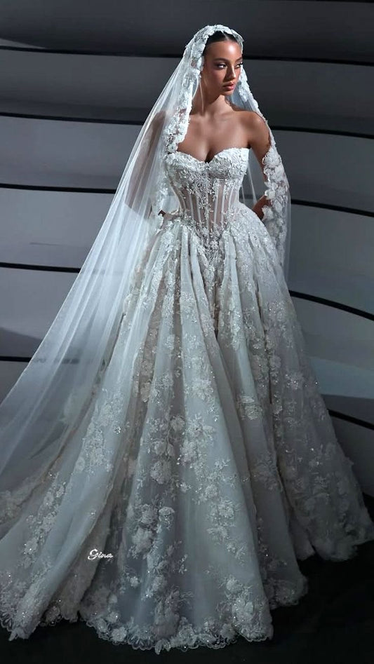 Stunning Ball Gown Sweetheart Neck Corset Floral White Tulle Long Wedding Dress SH7336