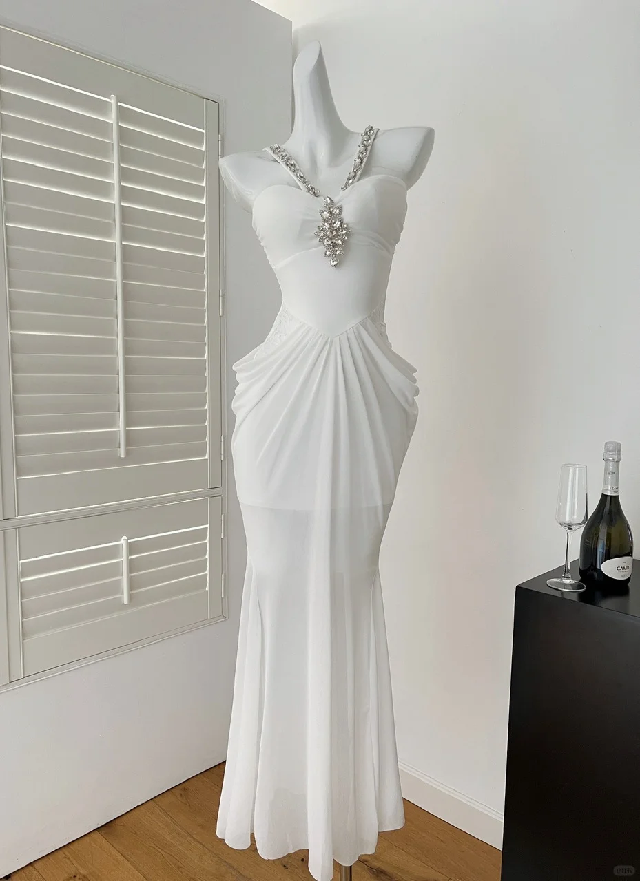 Sexy White Mermaid Halter Rhinestone Chiffon Prom Dress Party Dress SH4924