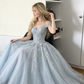 Princess Light Blue A Line Off the Shoulder Beaded Tulle Prom Dress SH5522