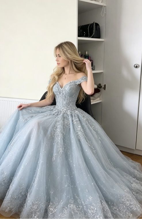 Princess Light Blue A Line Off the Shoulder Beaded Tulle Prom Dress SH5522