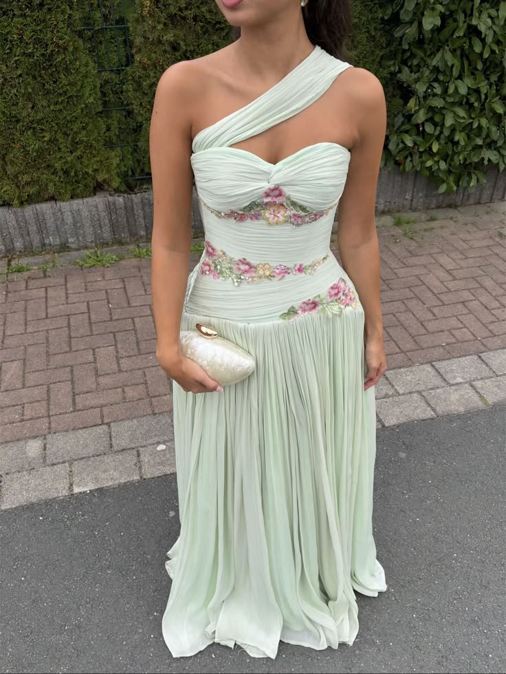 Light Green A Line One Shoulder Appliques Chiffon Long Prom Dress SH8758