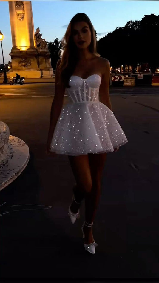 Shiny A Line Sweetheart Neck Sequin Tulle Short Prom Dress Homecoming Dress SH8366