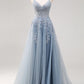 Lavender A Line Spaghetti Straps Appliques Beaded Tulle Long Prom Dress Graduation Prom with Slit SH2651
