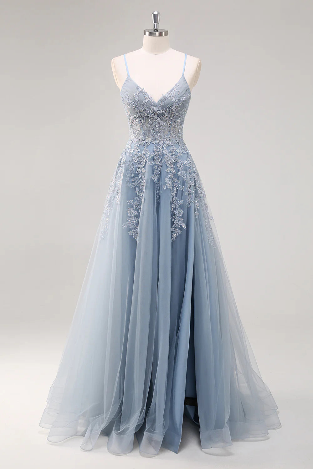 Lavender A Line Spaghetti Straps Appliques Beaded Tulle Long Prom Dress Graduation Prom with Slit SH2651