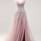 Lavender A Line Spaghetti Straps Appliques Beaded Tulle Long Prom Dress Graduation Prom with Slit SH2651