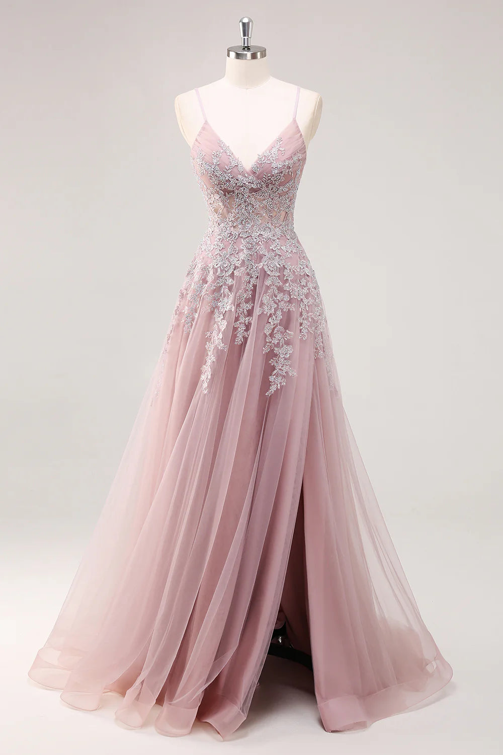 Lavender A Line Spaghetti Straps Appliques Beaded Tulle Long Prom Dress Graduation Prom with Slit SH2651