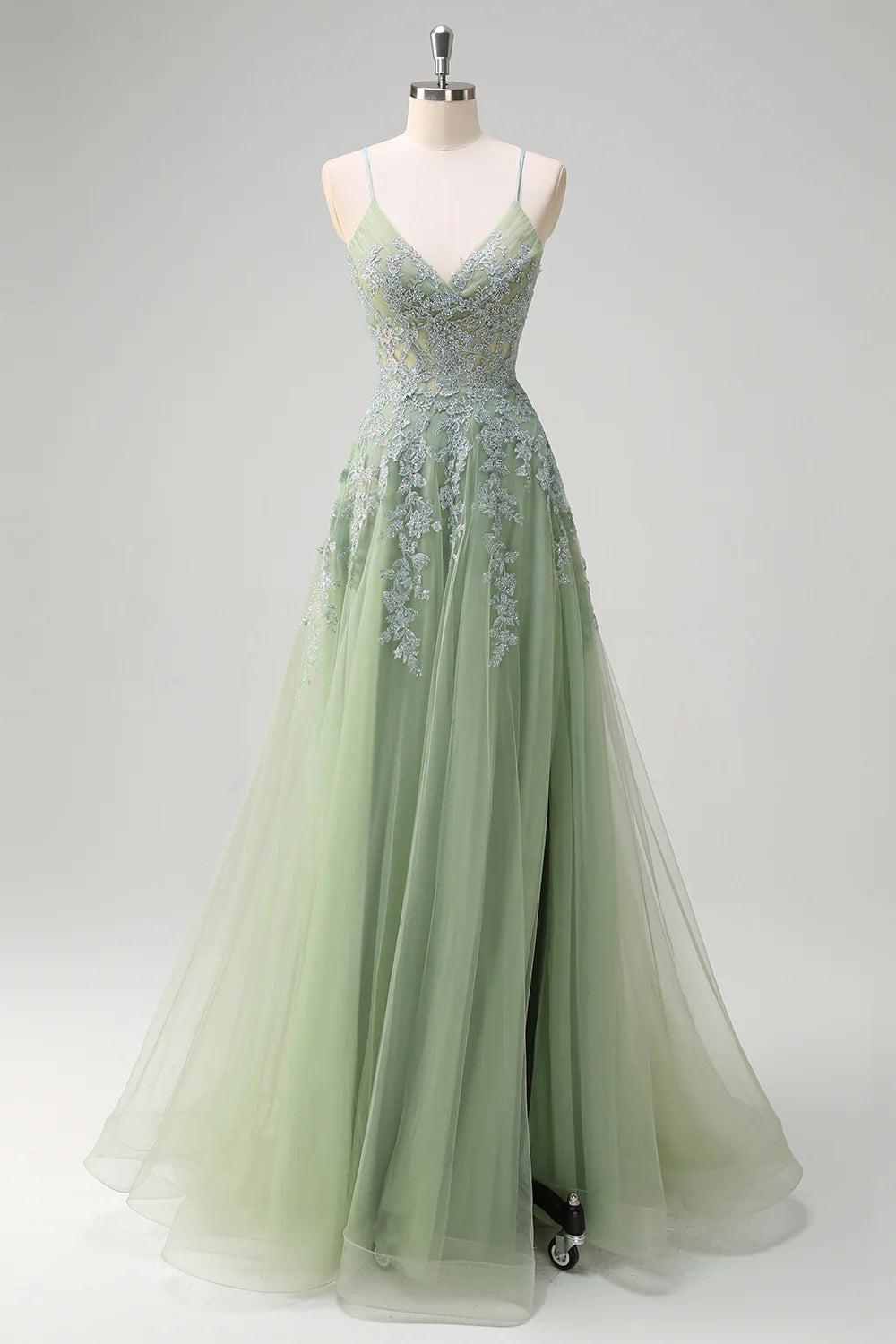 Lavender A Line Spaghetti Straps Appliques Beaded Tulle Long Prom Dress Graduation Prom with Slit SH2651