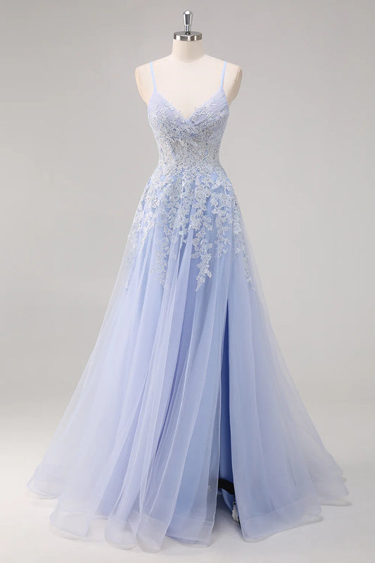 Lavender A Line Spaghetti Straps Appliques Beaded Tulle Long Prom Dress Graduation Prom with Slit SH2651