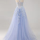 Lavender A Line Spaghetti Straps Appliques Beaded Tulle Long Prom Dress Graduation Prom with Slit SH2651