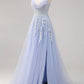 Lavender A Line Spaghetti Straps Appliques Beaded Tulle Long Prom Dress Graduation Prom with Slit SH2651