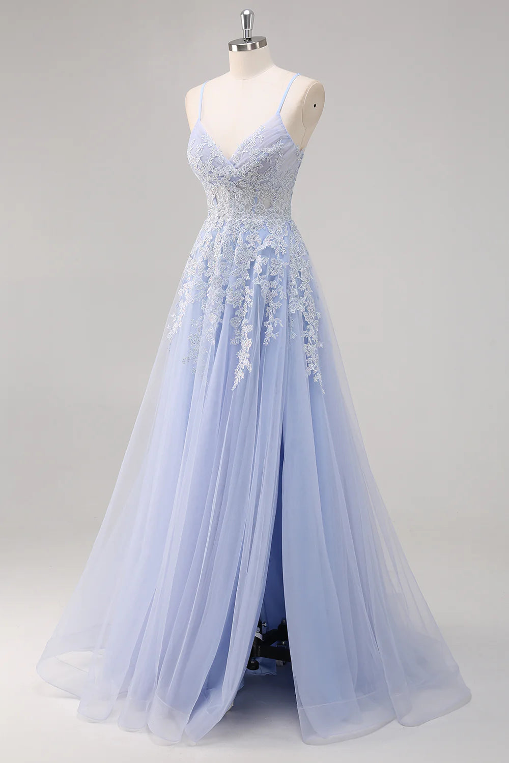Lavender A Line Spaghetti Straps Appliques Beaded Tulle Long Prom Dress Graduation Prom with Slit SH2651