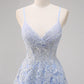 Lavender A Line Spaghetti Straps Appliques Beaded Tulle Long Prom Dress Graduation Prom with Slit SH2651
