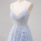 Lavender A Line Spaghetti Straps Appliques Beaded Tulle Long Prom Dress Graduation Prom with Slit SH2651