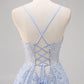 Lavender A Line Spaghetti Straps Appliques Beaded Tulle Long Prom Dress Graduation Prom with Slit SH2651