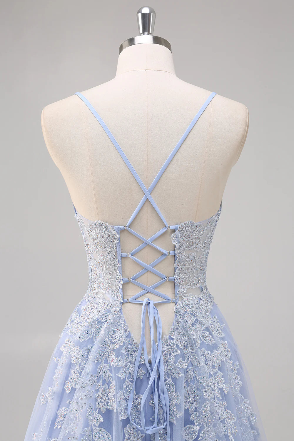 Lavender A Line Spaghetti Straps Appliques Beaded Tulle Long Prom Dress Graduation Prom with Slit SH2651
