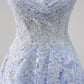 Lavender A Line Spaghetti Straps Appliques Beaded Tulle Long Prom Dress Graduation Prom with Slit SH2651
