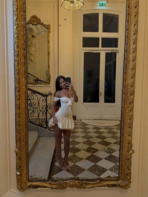 Cute Ivory A Line Off the Shoulder Satin Short Prom Dress Homecoming Dress SH7218