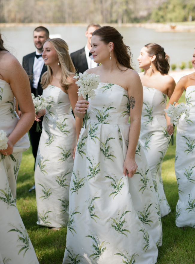 Pretty A Line Strapless Print Floral White Satin Long Bridesmaid Dress SH6307