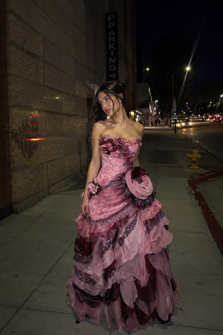 Pink Ombre Ball Gown A Line Strapless Layered Organza Long Prom Dress Evening Dress SH6717