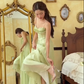 Green A Line Spaghetti Strap Chiffon Long Prom Dress Outfits SH4778