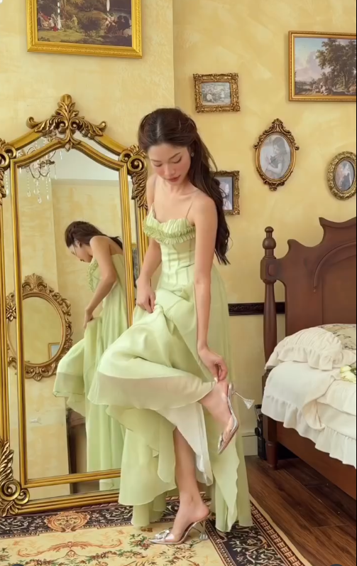 Green A Line Spaghetti Strap Chiffon Long Prom Dress Outfits SH4778