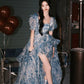 Romantic A Line Puff Sleeve Print Flower Blue Chiffon Party Dress Evening Dress with Slit SH2866