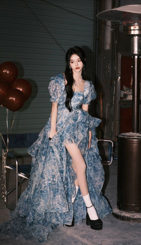 Romantic A Line Puff Sleeve Print Flower Blue Chiffon Party Dress Evening Dress with Slit SH2866