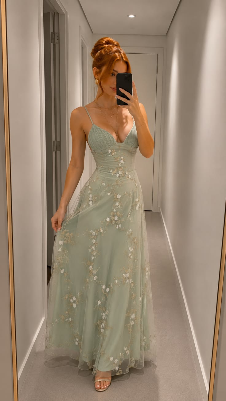 Fairy Light Sage Green A Line Straps Appliques Tulle Long Prom Dress Date Dress SH7008