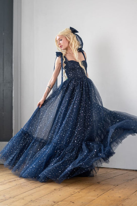 Star Sequin Navy Blue A Line Straps Layered Tulle Date Dress Prom Dress Evening Dress SH3888