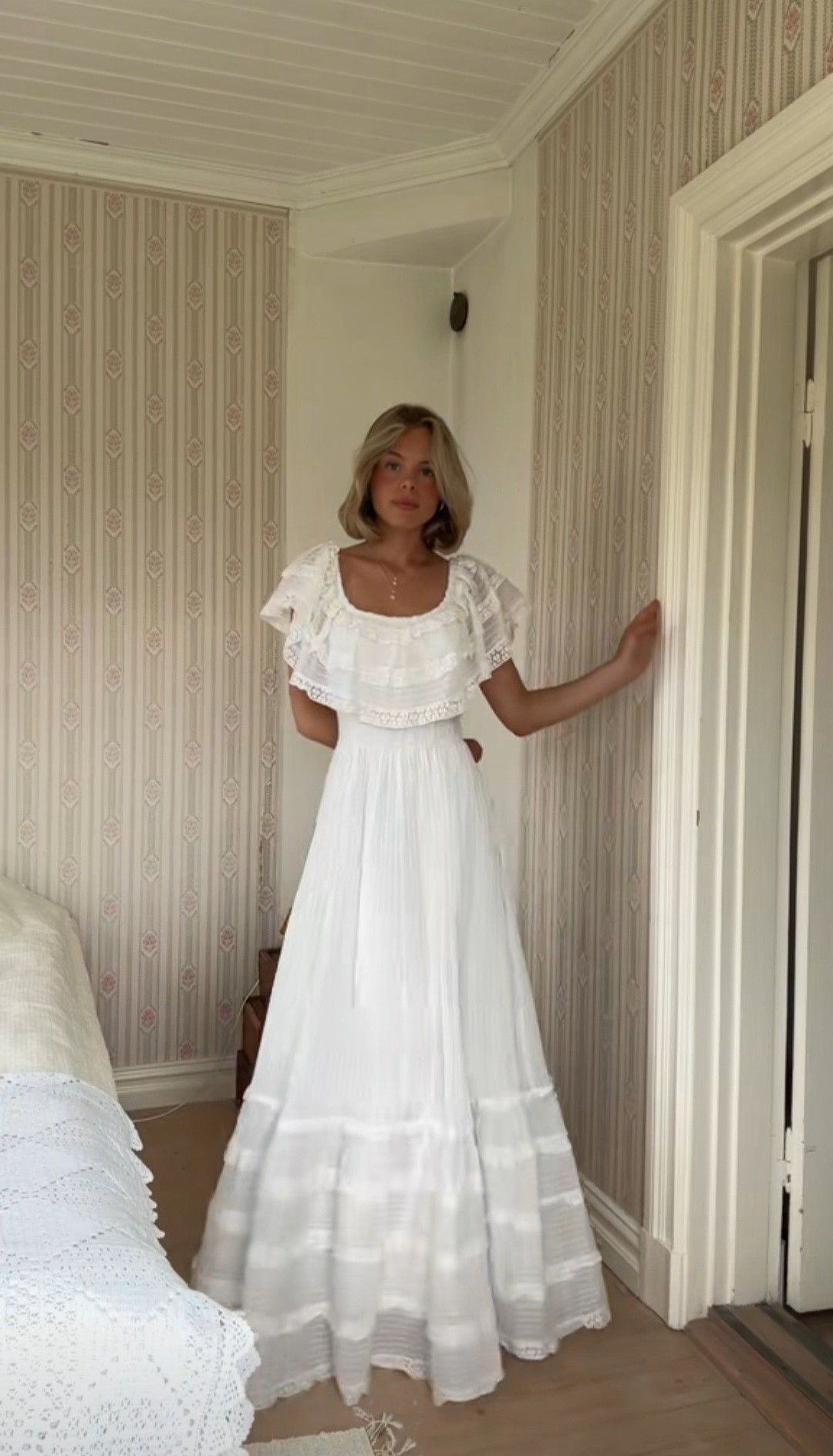 Princess A Line Square Neck White Lace Chiffon Prom Dress Wedding Dress SH7079