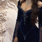 Glamorous A Line Long Sleeve Beaded Dark Blue Lace Velvet Prom Dress Evening Dress SH7083