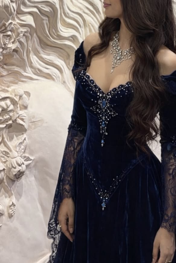 Glamorous A Line Long Sleeve Beaded Dark Blue Lace Velvet Prom Dress Evening Dress SH7083