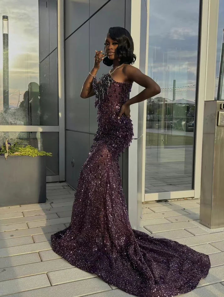 Sexy Special Occasion Dress Mermaid Sweetheart Grape Sequins Prom Dresses With Beads Gem Party Dress Long Evening Dresses SH6408