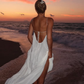 Flowy A Line Halter White Chiffon Open Back Prom Dress Vacation Dress SH4619