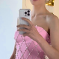 Pink A Line Strapless Shiny Beaded Satin Prom Dress Evening Dress SH6406