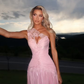 Ethereal A Line One Shoulder Pink Lace Satin Prom Dress Evening Dress SH8564