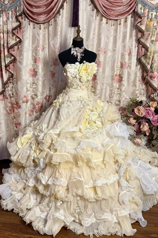 Vintage Yellow Ball Gown Strapless Floral Layered Tulle Prom Dress 16th Birthday Dress SH4522