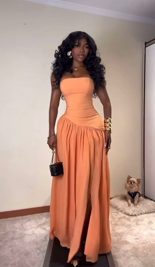 Orange A Line Strapless Chiffon Satin Prom Dress Evening Dress Formal Dress SH3838