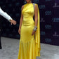 Charming Mermaid Rhinestone Yellow Satin Open Back Party Dress Evening Dress SH2793