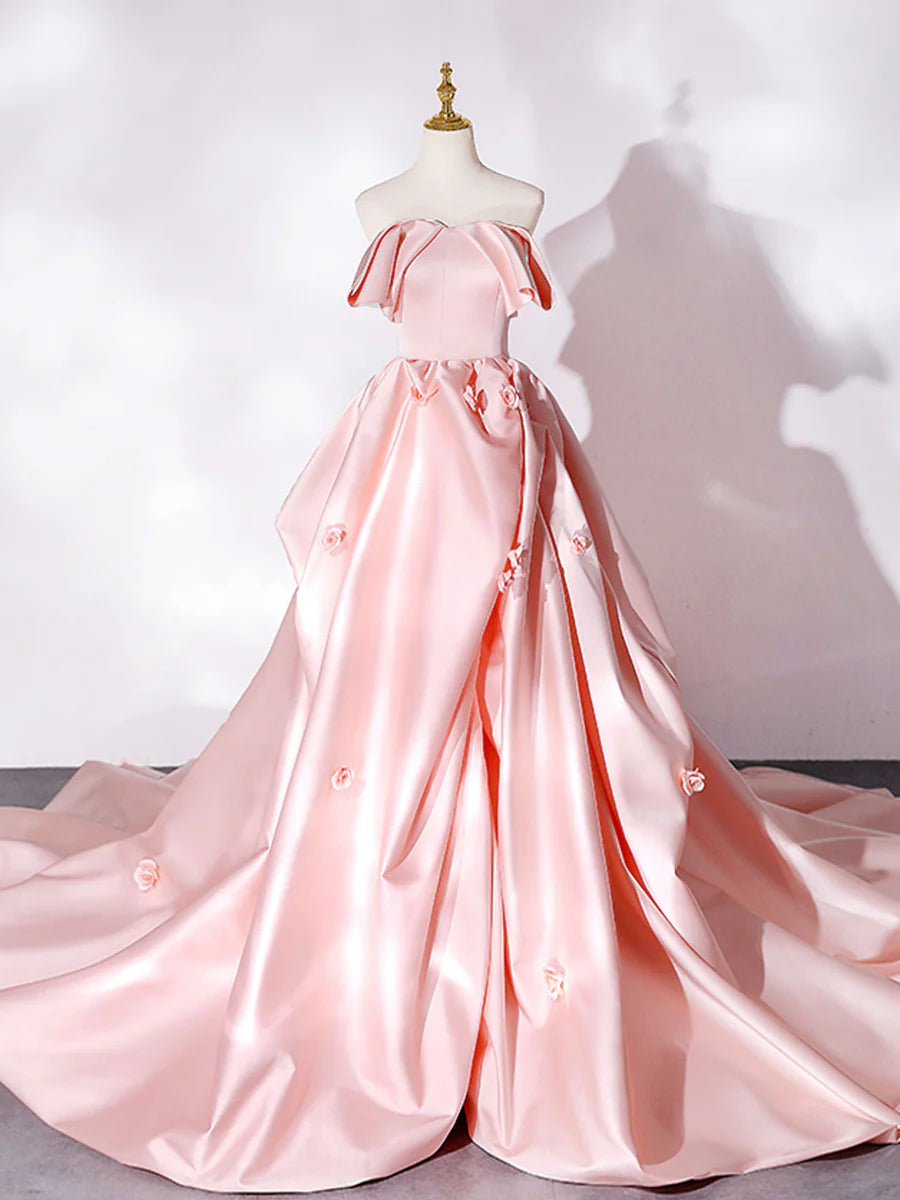 Elegant Pink A Line Strapless Appliques Satin Evening Dress Prom Dress SH1609