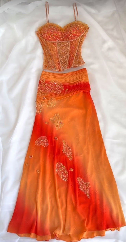 Two Piece Orange Ombre Appliques Lace Chiffon Prom Dress Evening Party Gowns SH3534