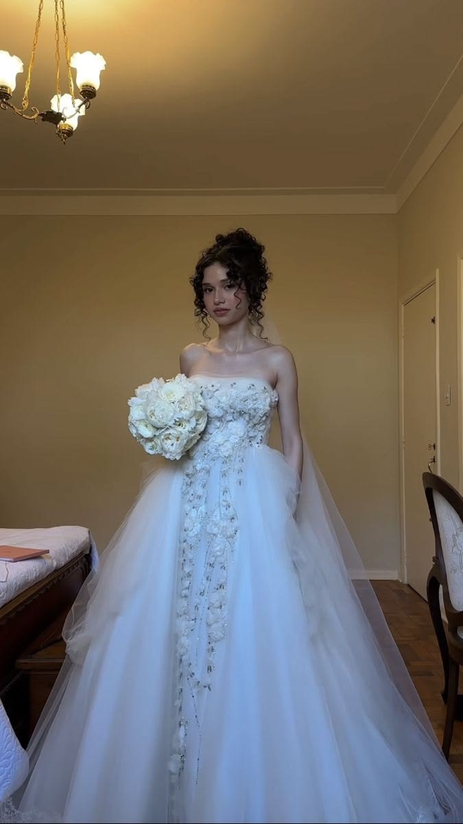 Fairy A Line Strapless 3D Floral White Tulle Long Wedding Dress SH8740