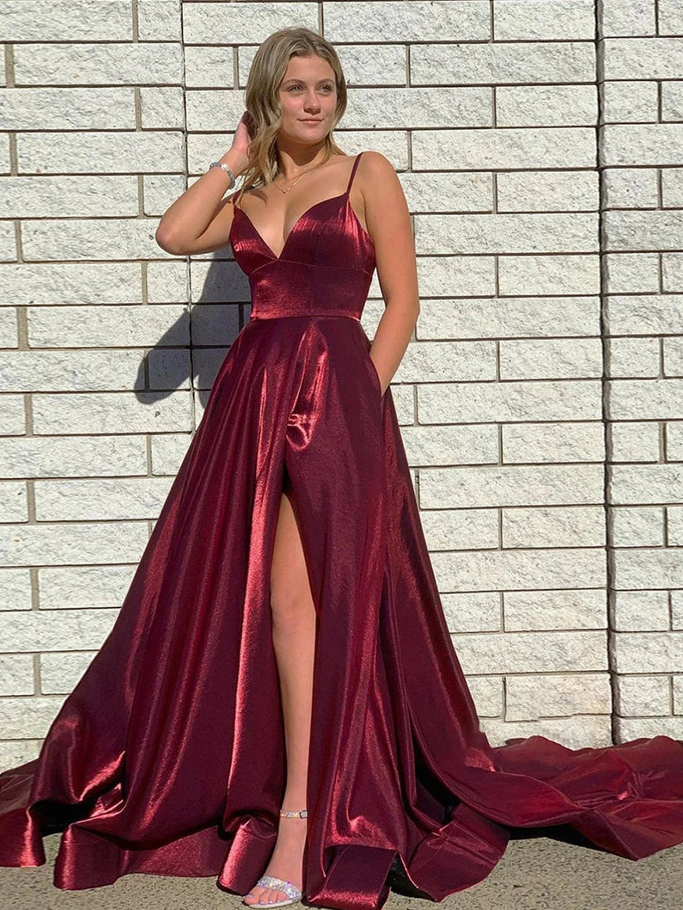 A Line Spaghetti Strap Burgundy Satin Long Prom Dress With Slit SH1693