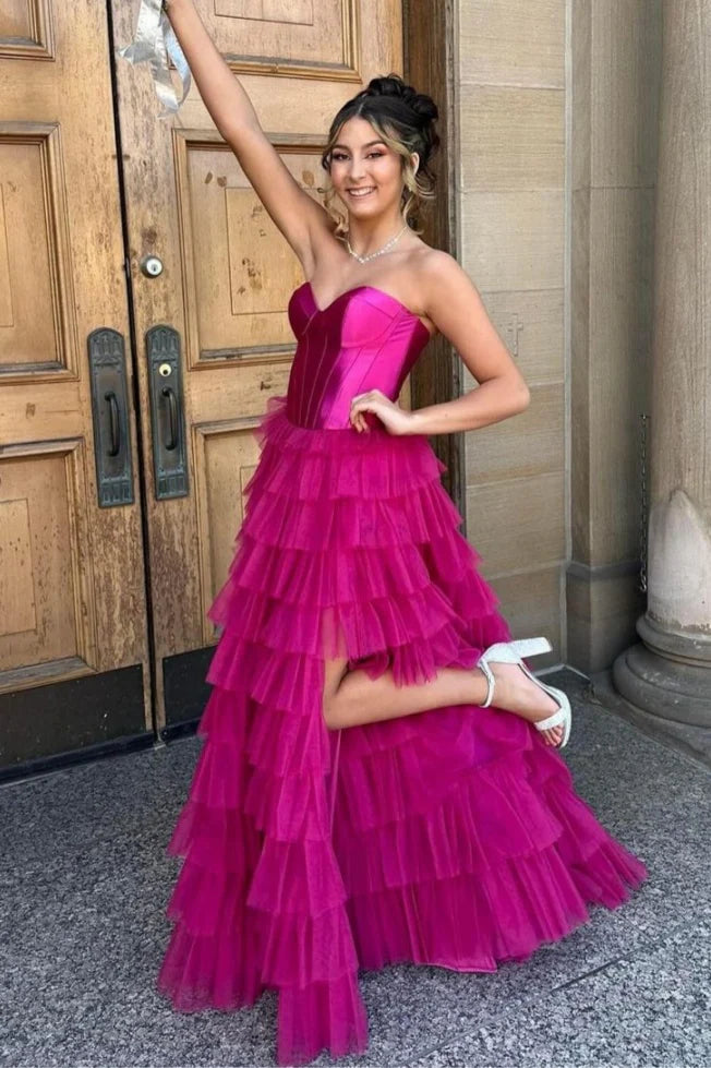 Black A Line Sweetheart Neck Layered Satin Tulle Long Wedding Guest Dress Evening Dress with Slit SH2920