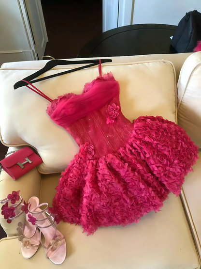 Hot Pink A Line Lace Floral Tulle Short Prom Dress Homecoming Dress  SH5834