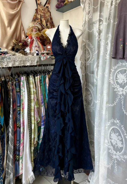 Vintage Mermaid Halter Sleeveless Long Black Lace Evening Dress Prom Dresses SH3093