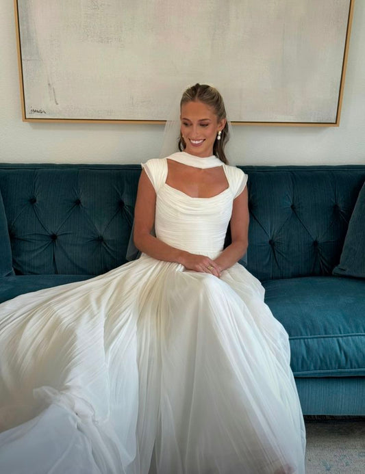 Simple A Line Straps Pleated White Chiffon Long Wedding Dress SH7067