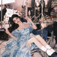 Romantic A Line Puff Sleeve Print Flower Blue Chiffon Party Dress Evening Dress with Slit SH2866