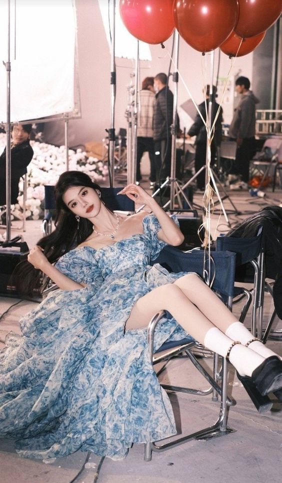 Romantic A Line Puff Sleeve Print Flower Blue Chiffon Party Dress Evening Dress with Slit SH2866