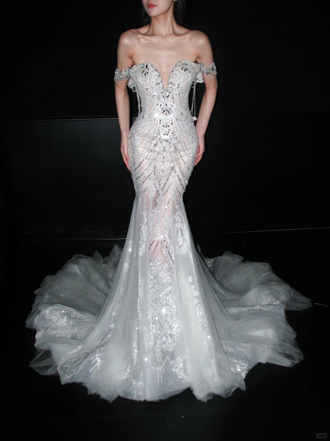 Glamorous Mermaid Off the Shoulder Shiny Rhinestone Tulle Long Train Wedding Dress SH8899